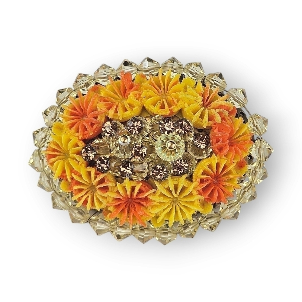 Vintage Domed Cluster Bead Brooch Wired Orange Yellow Flower Crystal Oval Pin 2"